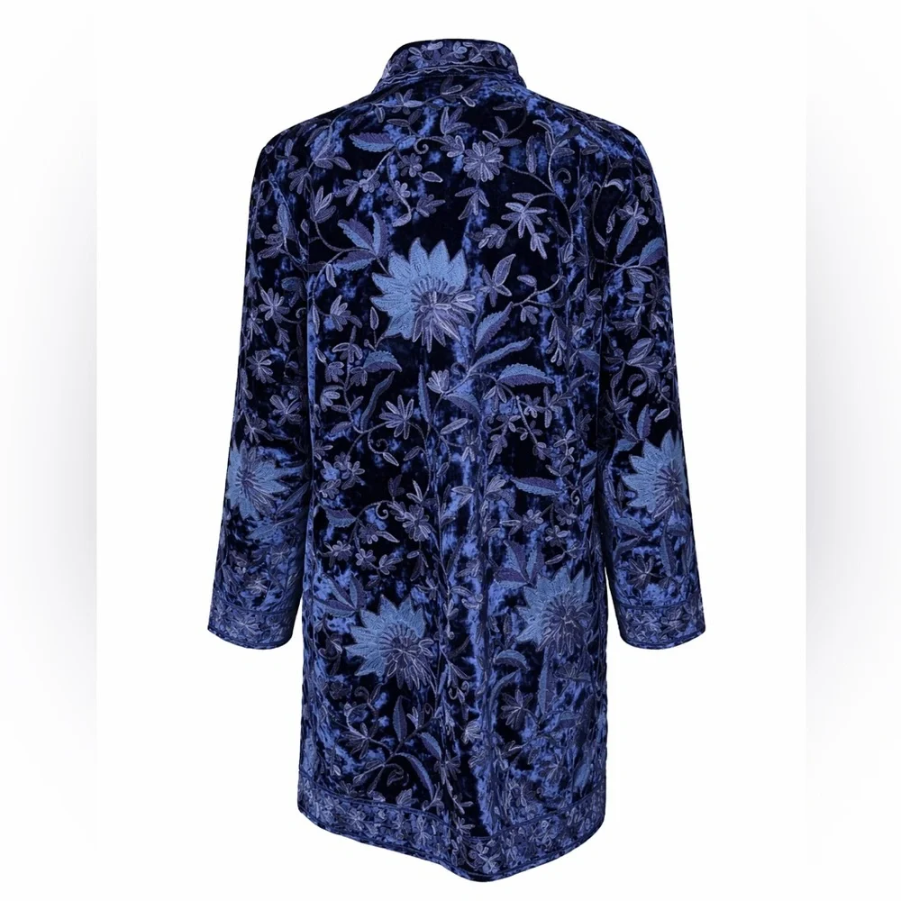 Soft Surroundings Navy Blue Velvet Embroidered Trench Coat - Picture 2 of 16